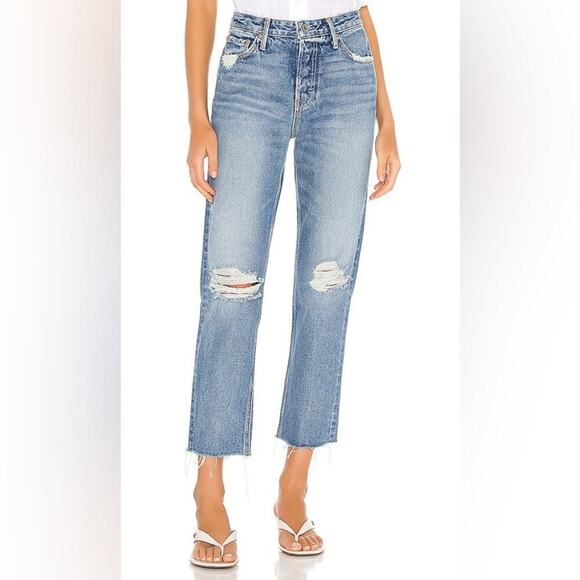 GRLFRND Helena straight leg crop Retrograde‎ distressed knees jeans size 29 - Picture 1 of 16